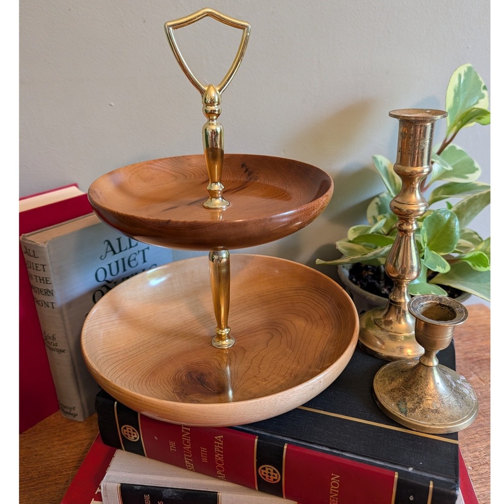 Vintage‎ MCM Pacific Myrtlewood 2 Tier Serving Tray Hand Turned Wood Gold Handle